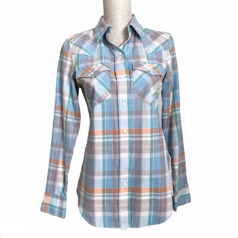 Ralph Lauren Plaid Western Pearl Snap Top Button Down Cotton Blouse Blue Small - Picture 4 of 13